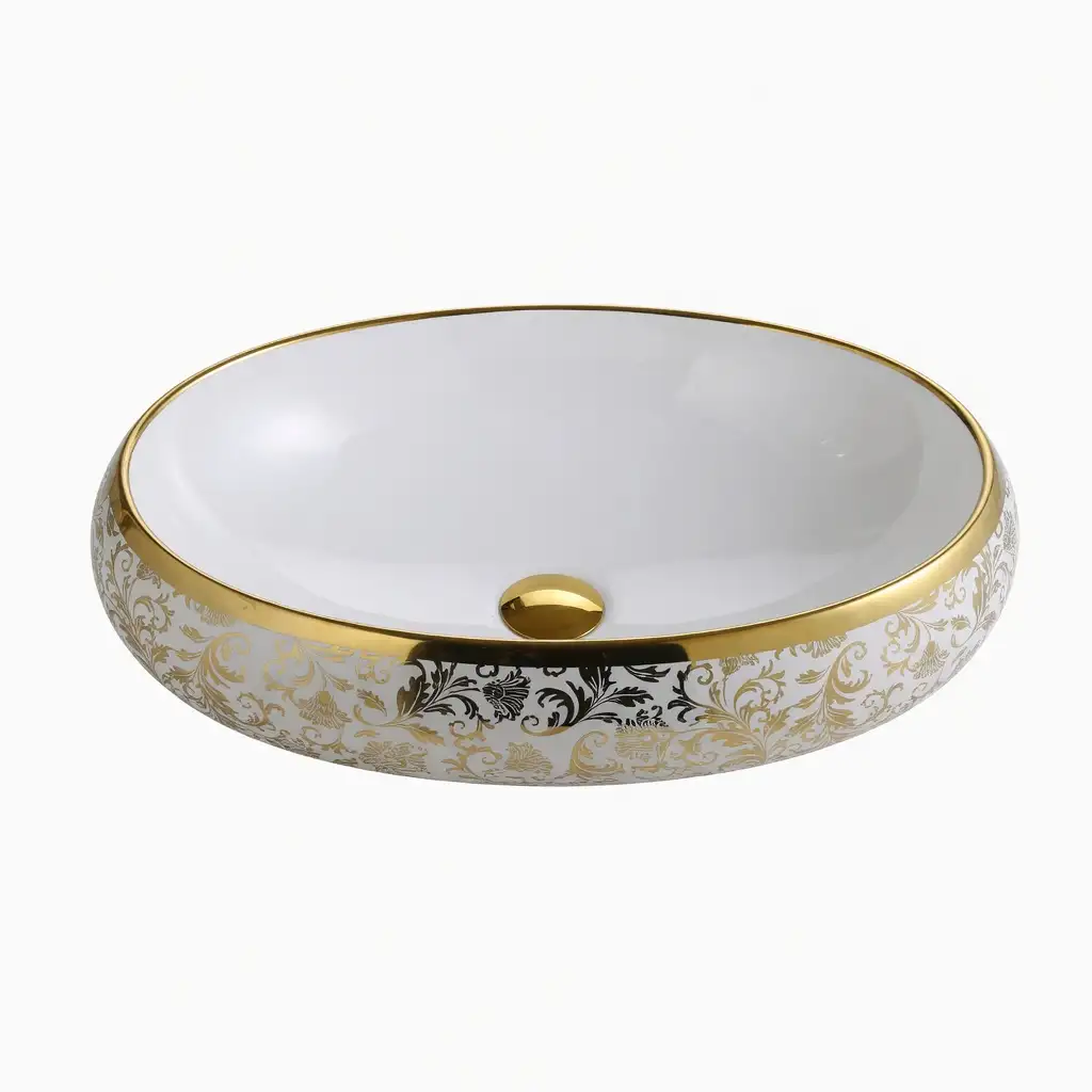 Chậu rửa mặt men sứ hoa văn vàng Oval đặt bàn cao cấp - Mã: 087