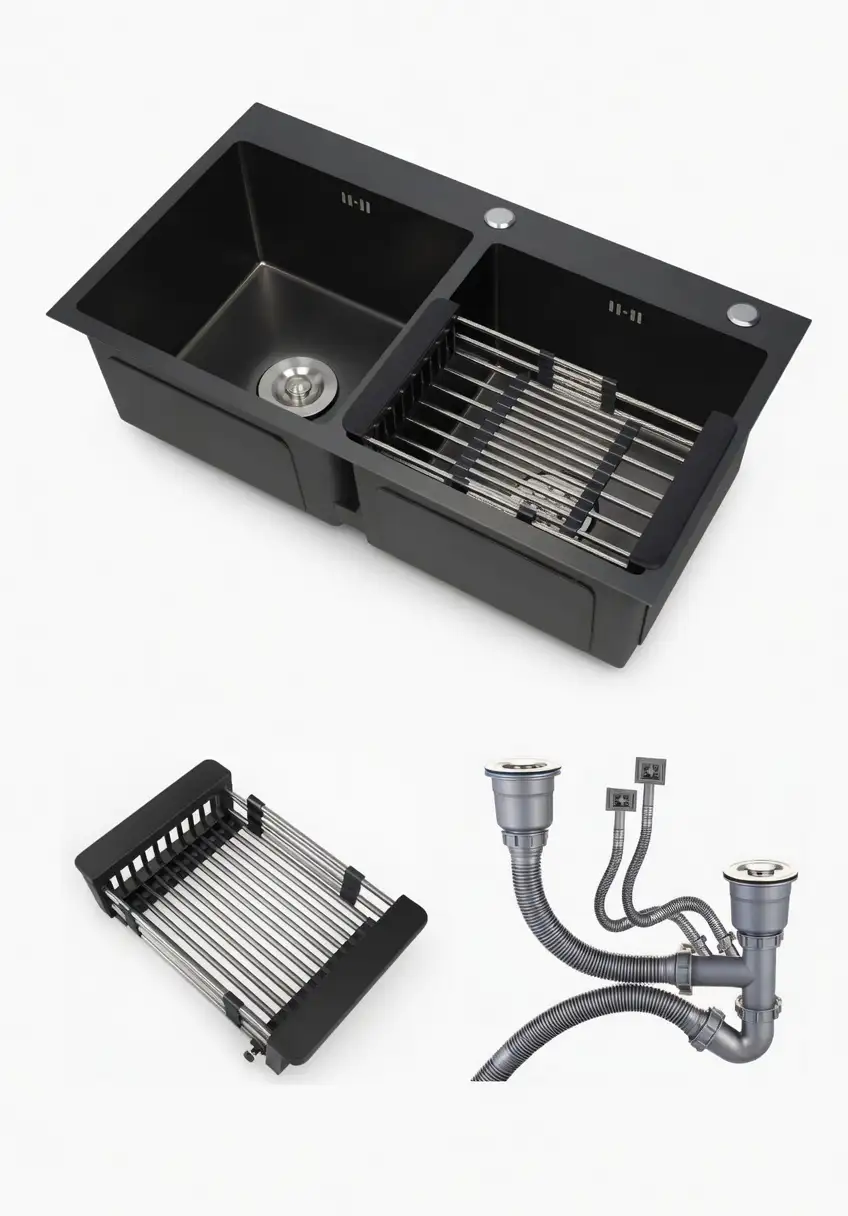 Chậu rửa chén 2 hộc inox màu nano đen cao cấp