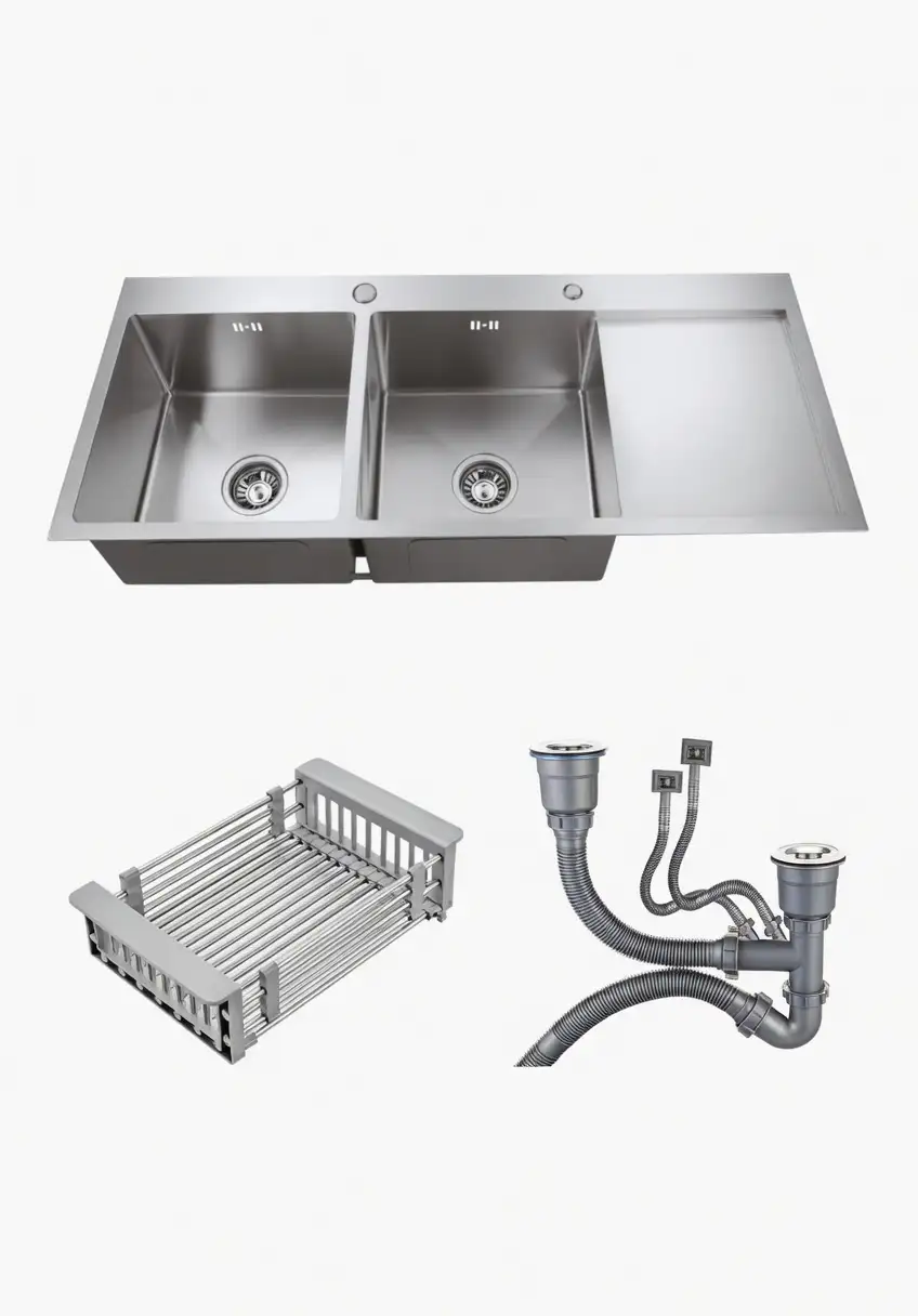Chậu rửa chén inox 2 hố cân có bàn chờ cao cấp